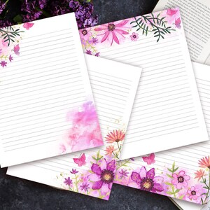 Purple and Pink Flowers 4 designs Writing Paper, A4 / 8.5x11, Floral Watercolour Stationery, Letter Writing, Downloadable Journal Paper