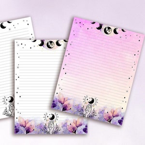 Witchy Colourful Printable Writing Paper / A4 / 8.5x11, Goth Magic Moon Stationery, Letter Writing, Downloadable Journal Paper Pink Purple