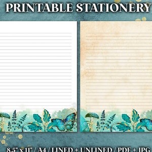Vintage Wood Witch 4 Papel de papelería imprimible, A4 / 8.5x11, Botanical Witchy Blue Letter Writing, Downloadable Journal Paper