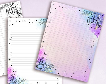 Witchy Colourful Printable Writing Paper / A4 / 8.5x11, Goth Magic Cat Moon Stationery, Letter Writing, Downloadable Journal Paper Pink