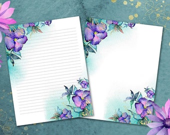 Papier à lettres imprimable fleurs violettes, A4 / 8.5x11, papeterie aquarelle florale, écriture de lettre, papier journal téléchargeable