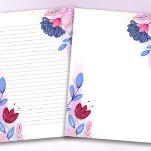 Pink & Blue Summer Flowers Writing Paper, A4 / 8.5x11, Cute Floral Watercolour Stationery, Letter Writing, Downloadable Journal Paper
