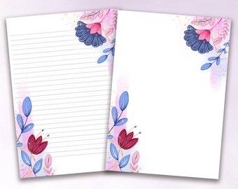 Papier à lettres rose et bleu de fleurs d'été, A4 / 8.5x11, papeterie aquarelle florale mignonne, écriture de lettre, papier journal téléchargeable