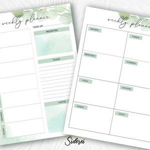 WOCHENPLANER A4 Eukalyptus Grün mit Gold. Herunterladbare Printable. Blatt Frühling Sommer Briefpapier, Schreiben