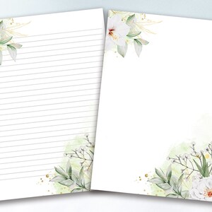 Papier à lettres fleurs blanches, A4 / 8.5x11, papeterie aquarelle florale, lettre d'écriture, papier journal téléchargeable