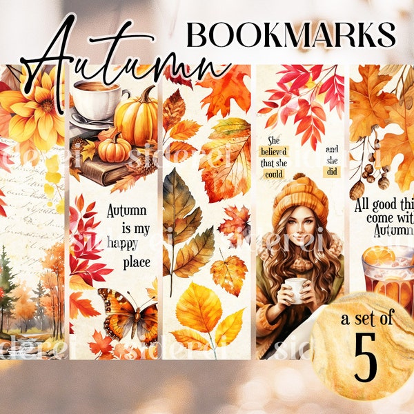 Printable Autumn Fall Bookmarks SET #1 | UK-US version | Size A4 Instant digital download | Beautiful Autumn | Cosy Academia Study Books