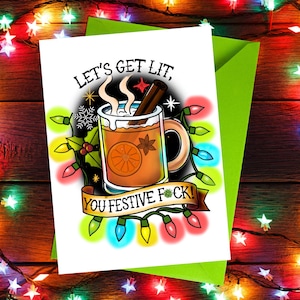 Tarjeta festiva Let's Get Lit - Descarga digital / Tarjeta de felicitación navideña divertida / Interior en blanco imprimible