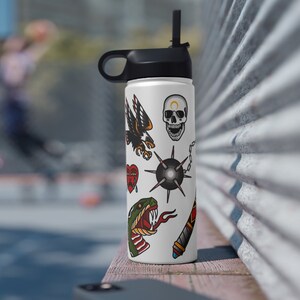 Traditional Tattoo Flash Stainless Steel Water Bottle, straw lid, snake tattoo stainless steel water bottle, traditional tattoo