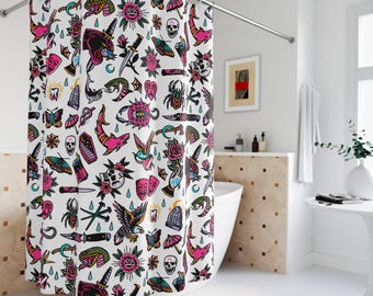 Rose Tattoo Print Shower Curtain | Vintage Traditional American