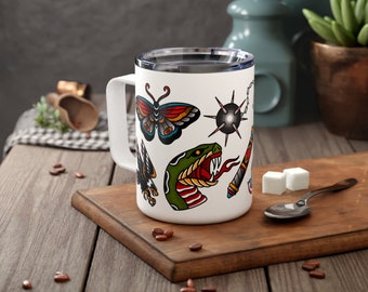 Traditional Tattoo Flash Insulated Coffee Mug, 10oz, tattoo coffee mug, insulated tattoo mug, tattoo flash