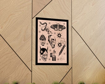 May include: Black and white illustration print featuring a skull, a mushroom, a moth, a snake, a demon, a lighter, and a syringe. The print is framed and has a white background.
