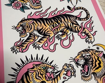 Pink Traditional Tiger Tattoo Flash Print, Girly Art, Artist Design