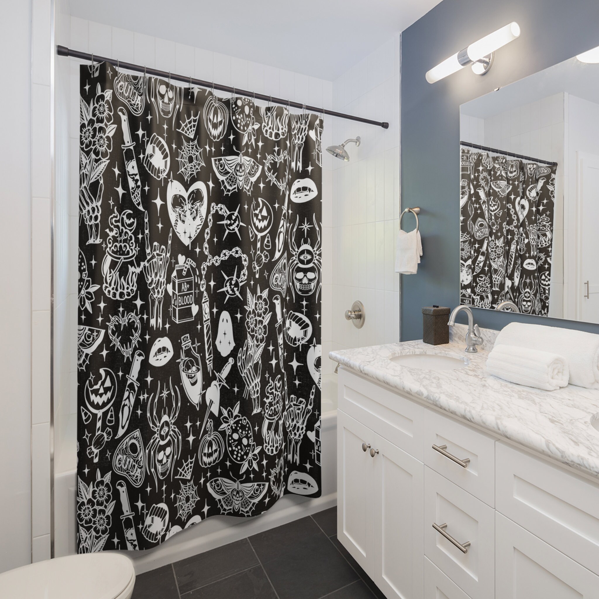 Spooky Tattoo Shower Curtain, Tattoo Shower Curtain, Tattoo Shower