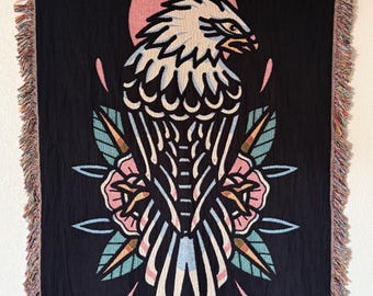 Pink tattoo Eagle Woven Blanket | Floral Feather Tapestry Throw