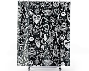 Spooky Tattoo Shower Curtain, tattoo shower curtain, tattoo shower curtain, red rose, bath decor