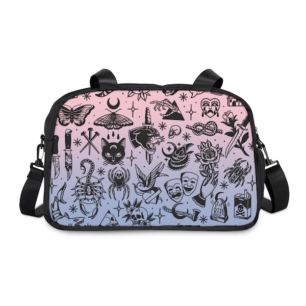 Pink tattoo Fitness Handbag, tattoo flash, handbag, duffle, carry on, gift for women, Xmas gift