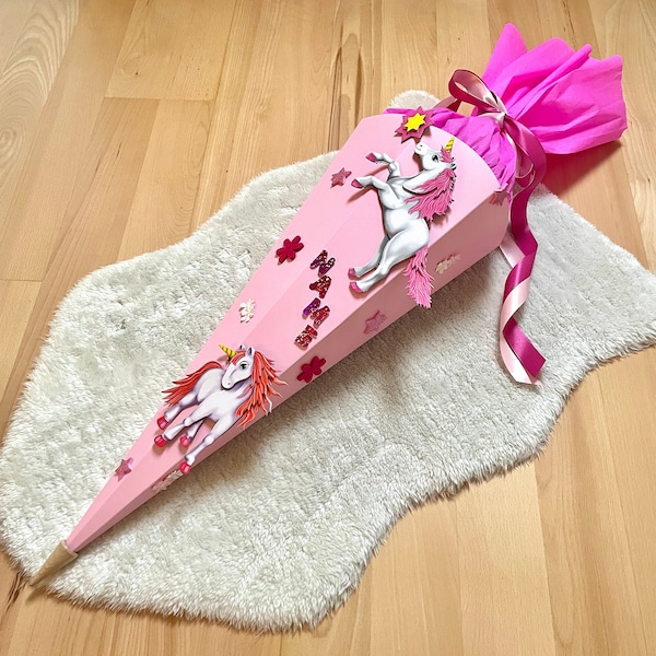 Schultüte EINHORN in rosa inklusive Wunschnamen · Bastelset oder fertig gebastelt | aus Karton | Zuckertüte | Einschulung | Schulanfang
