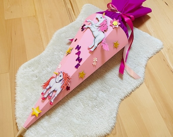 School bag EINHORN in pink including desired name · Craft set or ready-made | made of cardboard | Sugar cone | Enrolment | Back to school