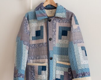 1960s Blue & Purple Log Cabin Block Quilted Chore Coat Duster