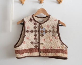 1890s  Irish Chain Quilted Vest  w/ Flour Sack Backing, Repurposed Sustainable Fashion, Brown, Cinnamon Red, Green