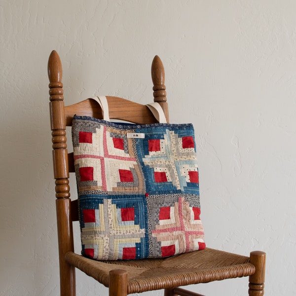 1890s Log Cabin Quilted Tote, Vintage Indigo & red handstiched quilt, Rustic Handmade American Antique, Farmhouse Style, Sustainable Fashion