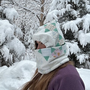 Quilted Balaclava Hood, Insulated Pixie Hood Ski Mask, Chunky Oversized Hood, Repurposed Vintage Quilt