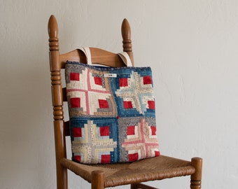 1890s Log Cabin Quilted Tote, Vintage Indigo & red handstiched quilt, Rustic Handmade American Antique, Farmhouse Style, Sustainable Fashion