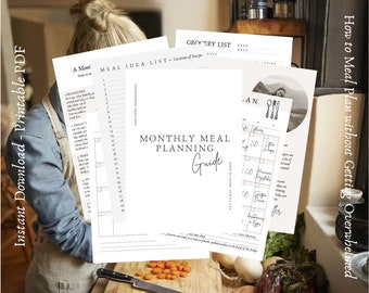 Printable Monthly Meal Planning Guide, Calendar, Grocery List, Step-by-step guide, Minimalist Meal Planner Guide