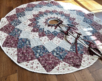 Quilted Christmas Tree Skirt - Maroon, Navy, White Floral Patchwork