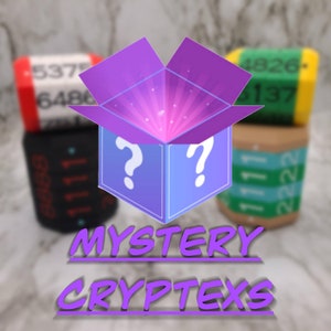 May include: A purple box with a question mark on each side is open, revealing a bright light. The box is in front of a blurred background of several colorful boxes with numbers on them. The text "MYSTERY CRYPTEXS" is written in purple below the box.