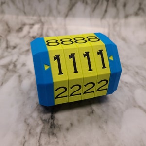 May include: A yellow and blue combination lock with the numbers 8888, 1111, and 2222 displayed.