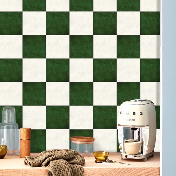 Green and Ivory Checkered Floor Tile Stickers: Peel and Stick Tile Vinyl Decals Backsplash for Kitchen, Bathroom & Walls | Easy to Apply