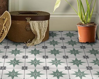 Olive Green with Blackstar Floor Tile Stickers | Removable | Peel and Stick Kitchen, Bathroom Wall Backsplash Tile Vinyl | Free Shipping