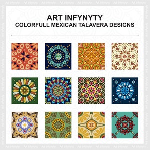 Puede incluir: Una pantalla digital con el texto ART INFYNYTY COLORFULL MEXICAN TALAVERA DESIGNS sobre una cuadr&iacute;cula de doce azulejos cuadrados. Cada azulejo muestra un patr&oacute;n &uacute;nico, intrincado y sim&eacute;trico en varias combinaciones de colores vibrantes.