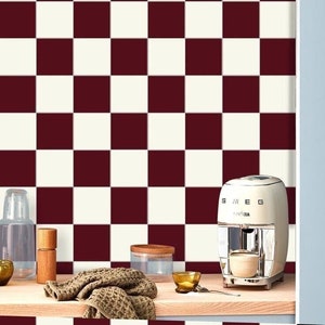 Peel and Stick Burgundy and Ivory Checkered Tile Vinyl, DIY Craft Decals, Bathroom Kitchen Backsplash Stickers, Antiskid Floor Tile Stickers