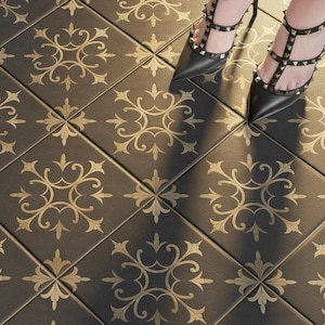 ゴールドフローラルフロアタイルステッカー：キッチン、バスルーム、壁用の剥がして貼るだけのデカールバックスプラッシュ｜剥がせる｜簡単に貼れる