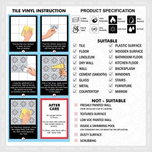 May include: A guide on how to install tile vinyl stickers. The guide includes instructions on preparing the surface, applying the sticker, and aftercare. The guide also lists suitable and unsuitable surfaces for the tile vinyl stickers.