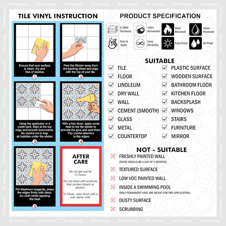 May include: A guide on how to install tile vinyl stickers. The guide includes instructions on preparing the surface, applying the sticker, and aftercare. The guide also lists suitable and unsuitable surfaces for the tile vinyl stickers.