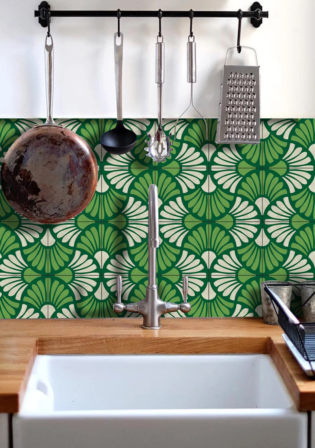 Peel and Stick Green Floral Tiles Stickers | Kitchen, Wall, Bathroom ...