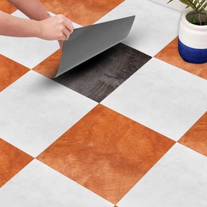 Orange & Light White Checkered Texture Backsplash Tile Decals | Peel and Stick Kitchen, Bathroom Wall Floor Tile Stickers.
