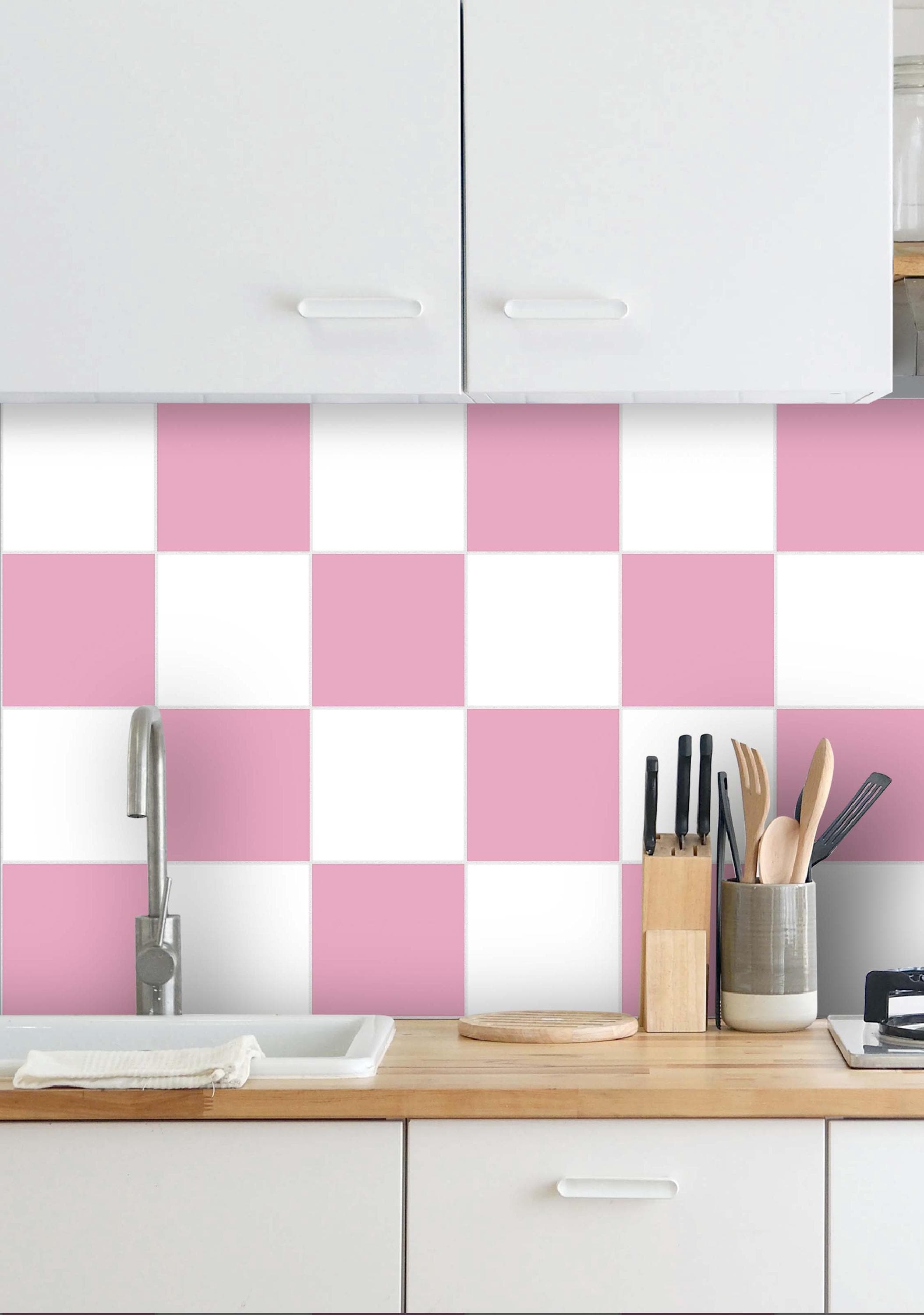 Candy Pink & White Checkered Tile Stickers – Peel and Stick Vinyl