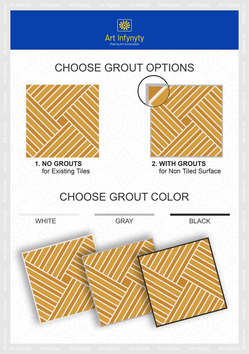 May include: A graphic showing options for grout color and application. The image shows a tile pattern with and without grout, and three grout color options: white, gray, and black. The text reads "Choose Grout Options" and "Choose Grout Color".