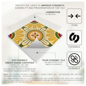 Puede incluir: Un adhesivo cuadrado para azulejos con un patr&oacute;n floral en amarillo, verde y rojo. El diagrama muestra una capa de laminado protector, material de vinilo Avery Dennison e iconos que indican que el producto es fino, flexible y duradero para superficies planas.