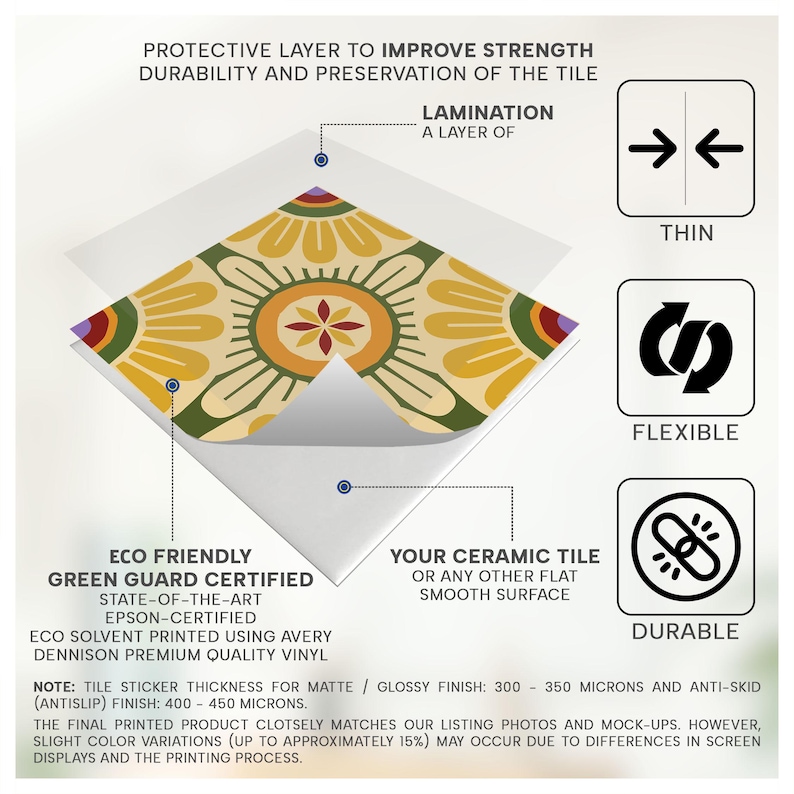 Puede incluir: Un adhesivo cuadrado para azulejos con un patr&oacute;n floral en amarillo, verde y rojo. El diagrama muestra una capa de laminado protector, material de vinilo Avery Dennison e iconos que indican que el producto es fino, flexible y duradero para superficies planas.