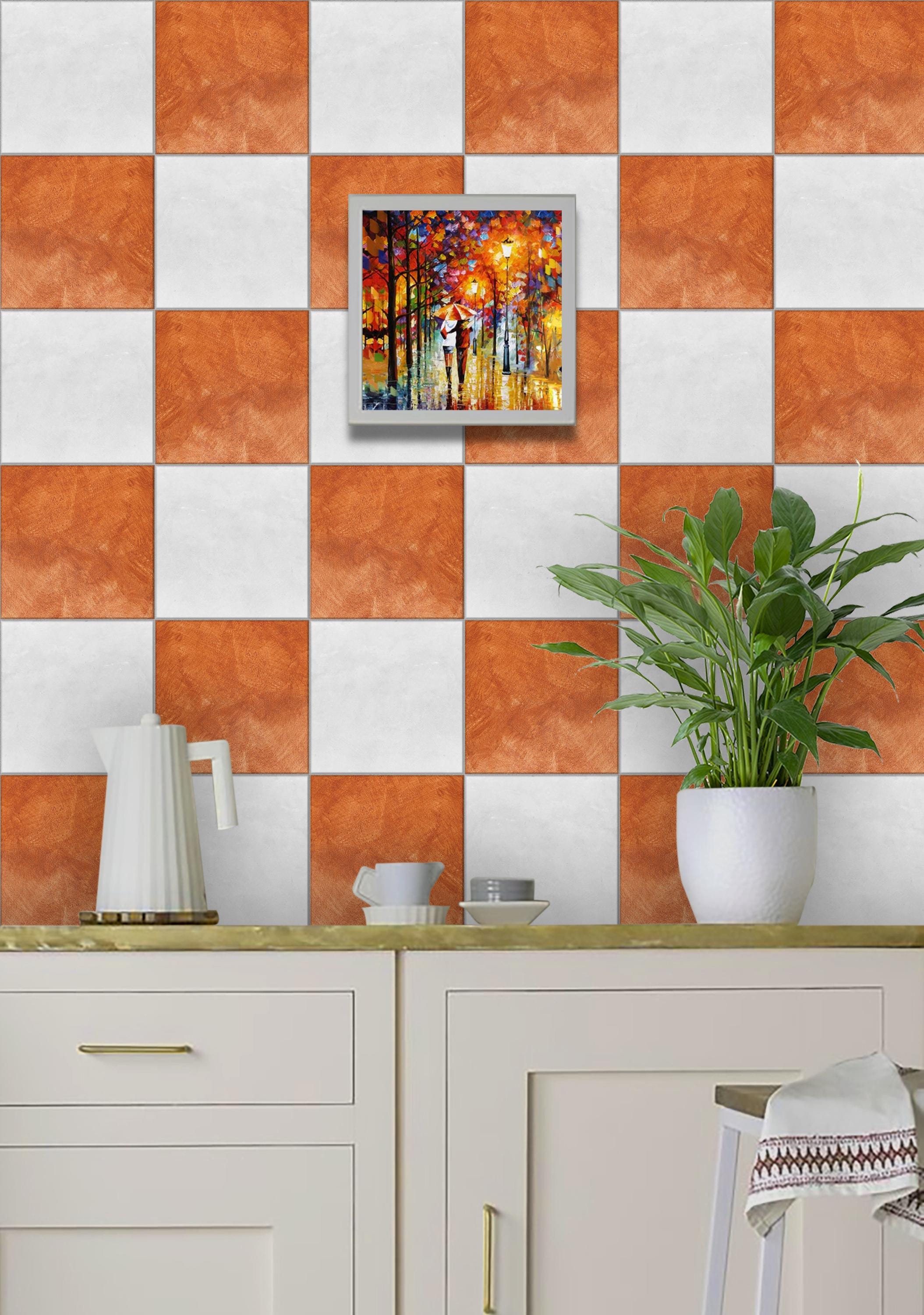 HOMETITUTE 10-Pack 12x12 Inch Orange Flower Peel & Stick Vinyl Floor Tiles – Removable DIY Kitchen Bathroom Entryway Stickers