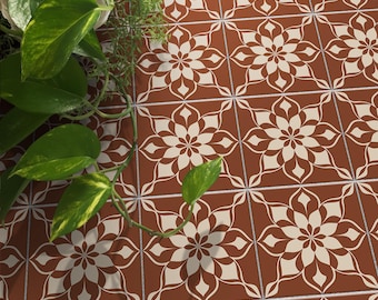 Terracotta Botanical Floor Tile Stickers | Peel and Stick Backsplash Vinyl Decals for Kitchen Bathroom, Wall | Antiskid | Waterproof