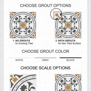 May include: A graphic showing different options for adding grout to tile. The options include no grout, white grout, gray grout, and black grout. The scale options include quarter scale and full scale. The text "Choose Grout Options" and "Choose Grout Color" is included in the graphic.