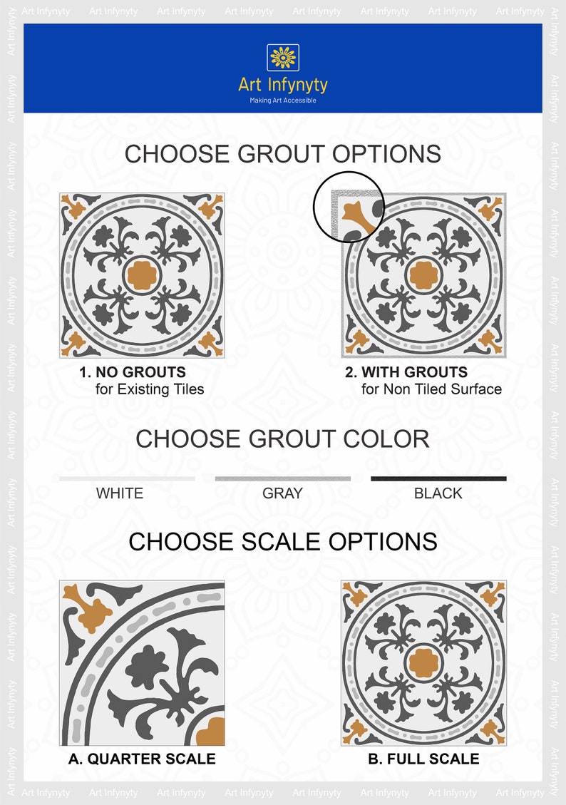 May include: A graphic showing different options for adding grout to tile. The options include no grout, white grout, gray grout, and black grout. The scale options include quarter scale and full scale. The text "Choose Grout Options" and "Choose Grout Color" is included in the graphic.