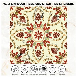 Puede incluir: Adhesivos impermeables para azulejos con fondo crema y un patr&oacute;n de mandala repetitivo en tonos rojo, verde oliva y beige. La superficie muestra gotas de agua y seis iconos circulares que indican las caracter&iacute;sticas del producto.