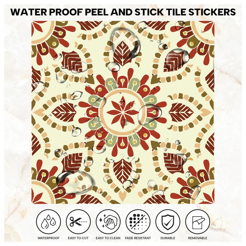 Puede incluir: Adhesivos impermeables para azulejos con fondo crema y un patr&oacute;n de mandala repetitivo en tonos rojo, verde oliva y beige. La superficie muestra gotas de agua y seis iconos circulares que indican las caracter&iacute;sticas del producto.